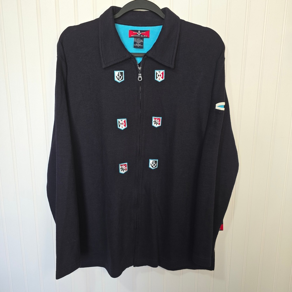 Moving Bleu Womens Navy Nautical Full Zip Ribbed Pullover‎ Sweater Large Coastal